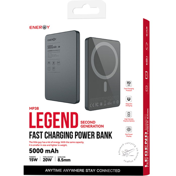 סוללת גיבוי אלחוטית 5000mAh בצבע אפור תומכת MagSafe וטעינה מהירה | ENERGY MP38 Legend