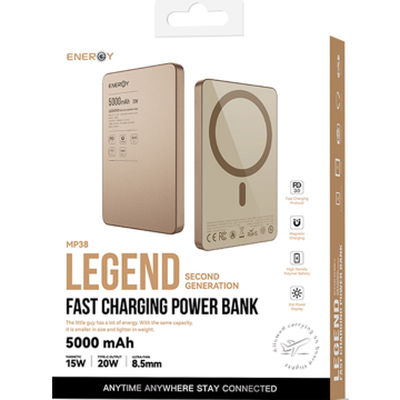 סוללת גיבוי אלחוטית 5000mAh בצבע זהב תומכת MagSafe וטעינה מהירה | ENERGY MP38 Legend